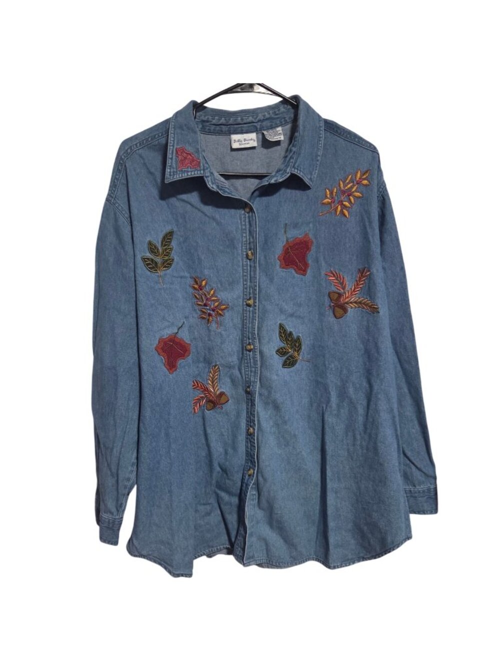 Vintage Bobbie Brooks Womens Denim Shirt Plus Size 26W Fall Leaf Embroidery